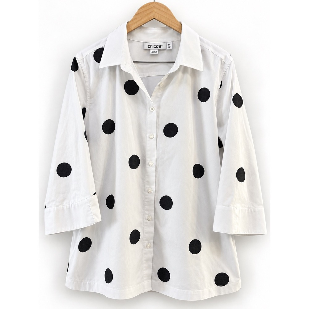 Chico's Polka Dot Button Down Shirt White Black 3/4 Sleeve Size 3.5 US 18